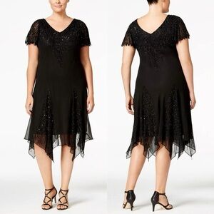 Vintage Dressbarn Black Beaded Midi Dress With Flutter Sleeves,handkerchief Hem